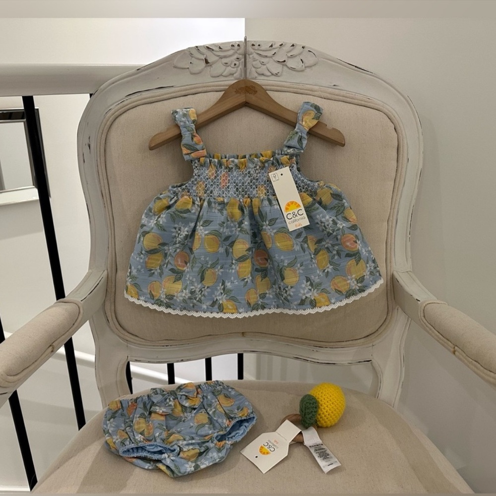 🍋 3~6 Mth Smocked Lemon & Floral Baby Dress & Knit Rattle Three Piece Set NWT